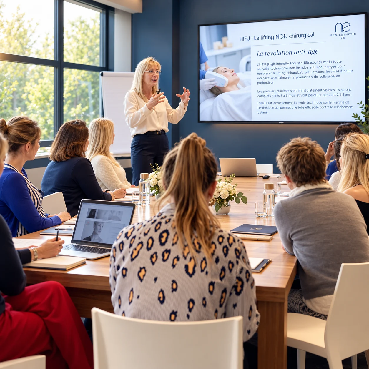 Véronique animant une formation HIFU devant des professionnels de l'esthétique.