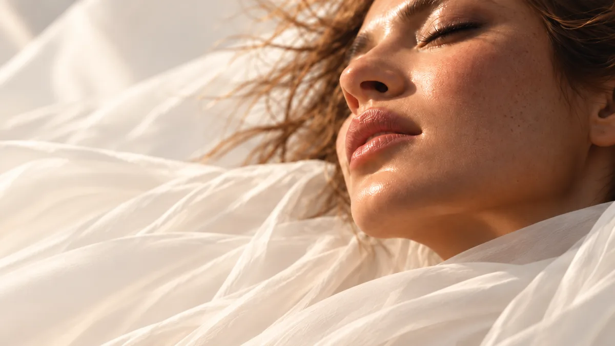 Visage lumineux enveloppé d’un tissu ivoire