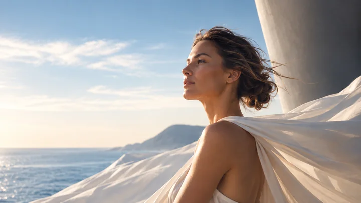 Femme face à la mer, drapée d’ivoire