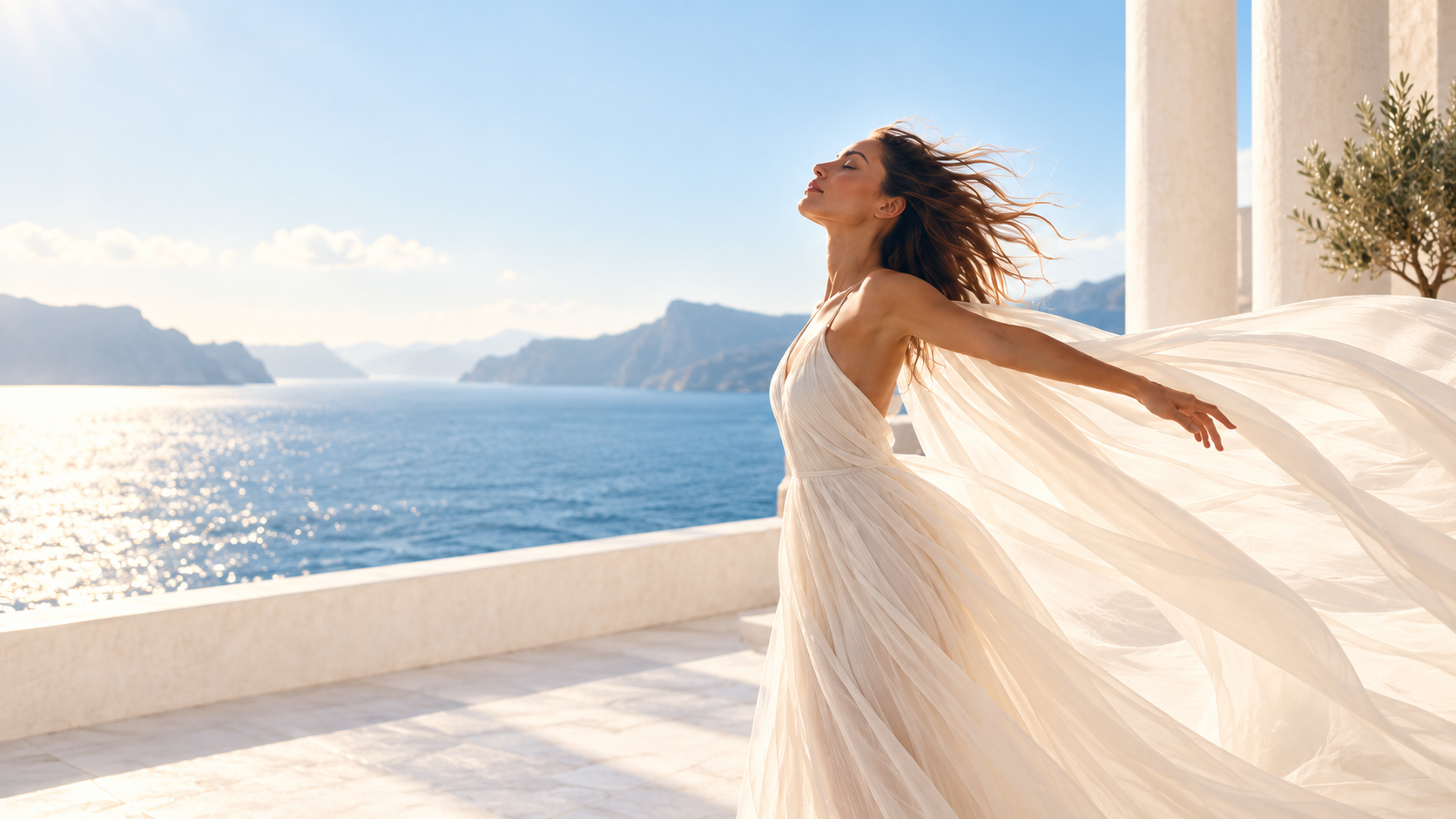 Femme en robe blanche face à la mer